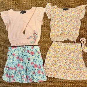 Lot of 2 Girls Eyelet Tops and Skirt Sets w/ Gold Necklace & Matching Hair Ties